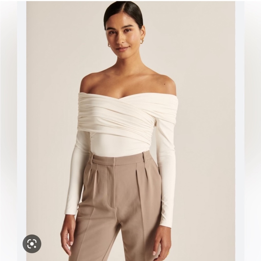Abercrombie Long Sleeve Ruched Wrap Bodysuit Beige